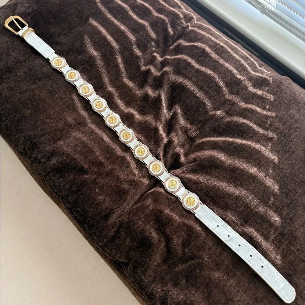 White Leather And Gold Belt With Leopard Medallions